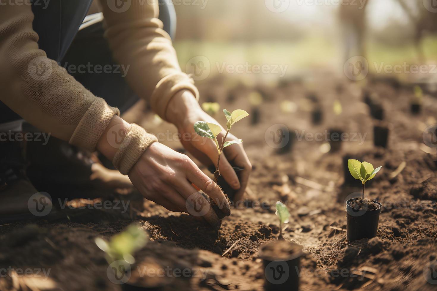 plantio árvores para uma sustentável futuro. comunidade jardim e de Meio Ambiente conservação - promovendo habitat restauração e comunidade noivado em terra dia foto