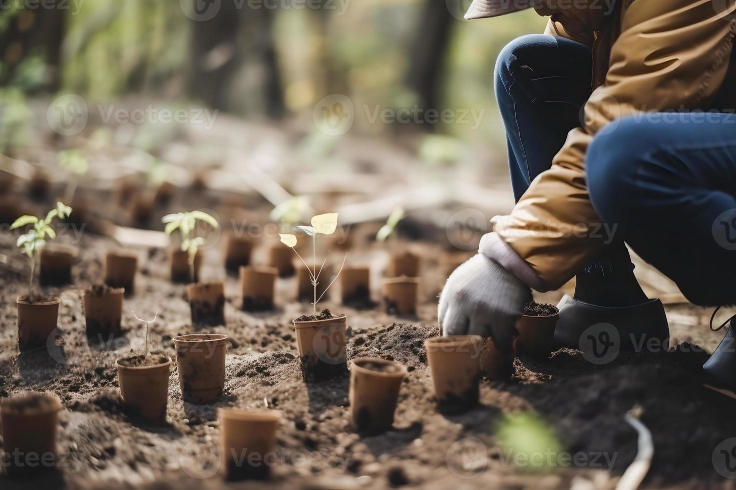 plantio árvores para uma sustentável futuro. comunidade jardim e de Meio Ambiente conservação - promovendo habitat restauração e comunidade noivado em terra dia foto