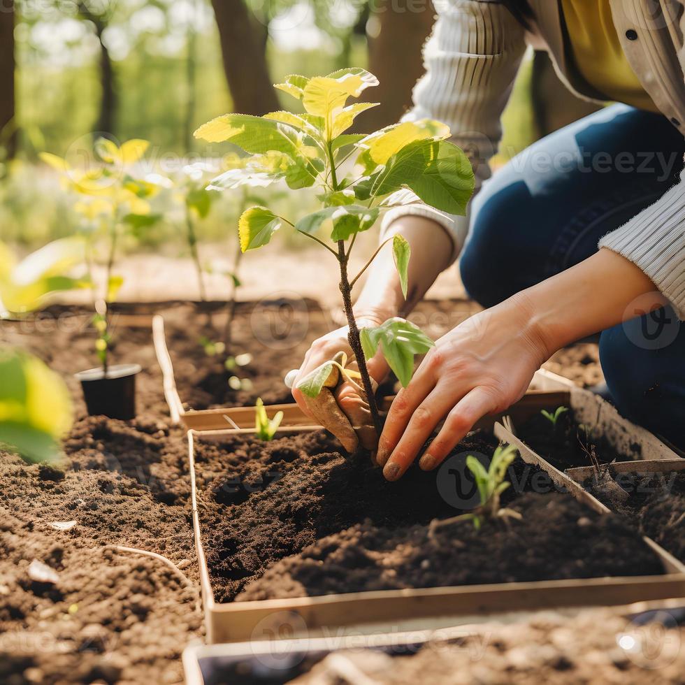 plantio árvores para uma sustentável futuro. comunidade jardim e de Meio Ambiente conservação - promovendo habitat restauração e comunidade noivado em terra dia foto