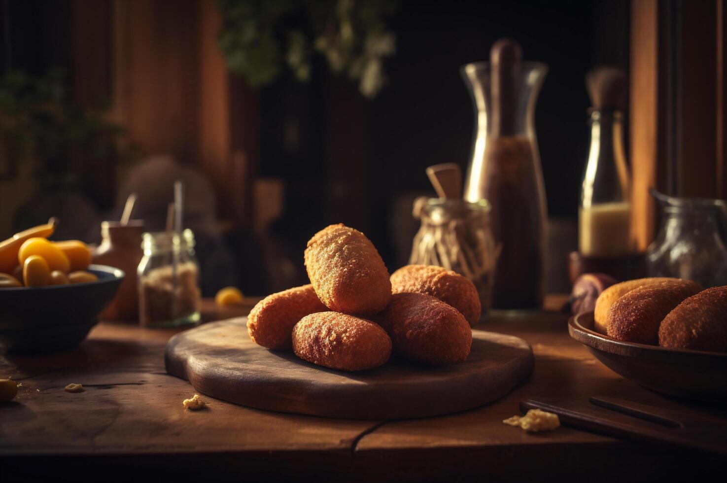 delicioso caseiro Croquetes - bolinhos salgados em de madeira mesa dentro rústico cozinha fundo. ai gerado foto
