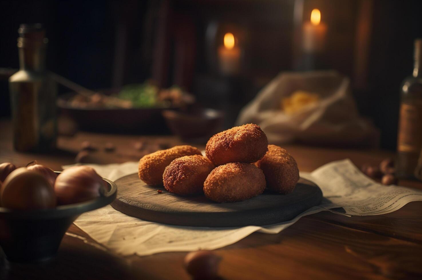 delicioso caseiro Croquetes - bolinhos salgados em de madeira mesa dentro rústico cozinha fundo. ai gerado foto