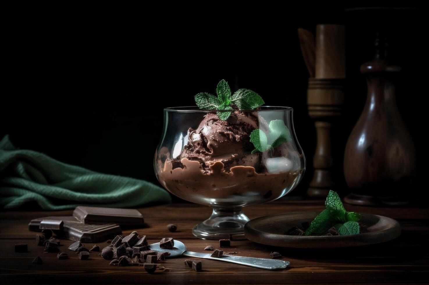 gourmet chocolate gelo creme dentro vidro tigela em gelo creme salão mesa. rústico madeira. ai gerado. congeladas sobremesa foto