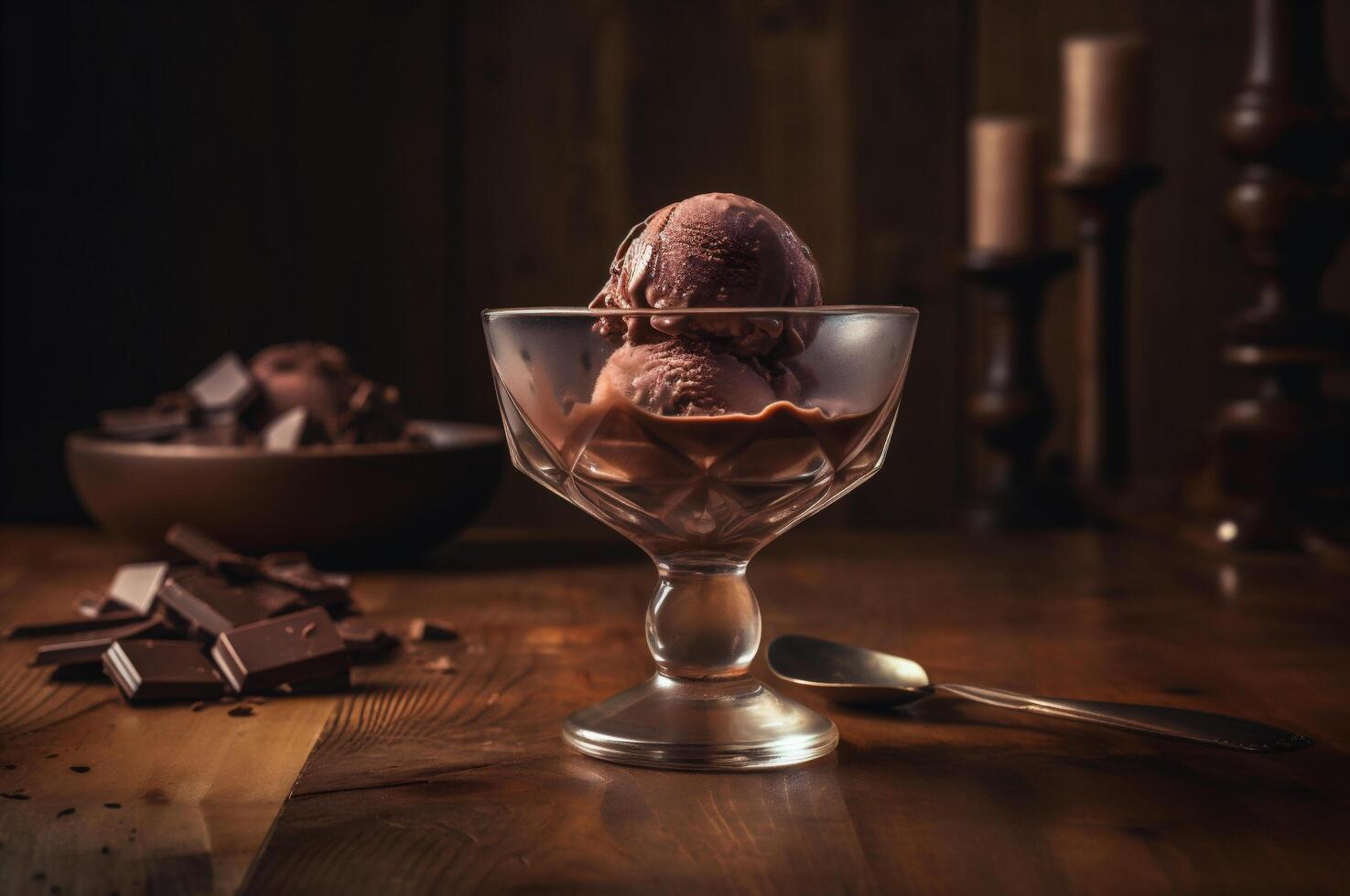 gourmet chocolate gelo creme dentro vidro tigela em gelo creme salão mesa. rústico madeira. ai gerado. congeladas sobremesa foto