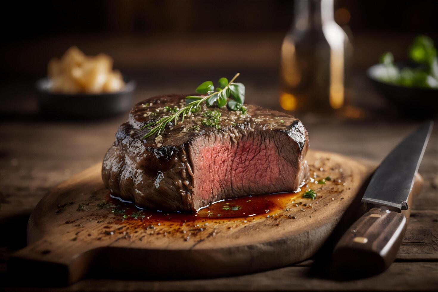 suculento grelhado bife com ervas e especiarias em rústico corte borda. churrasco. ai gerado foto