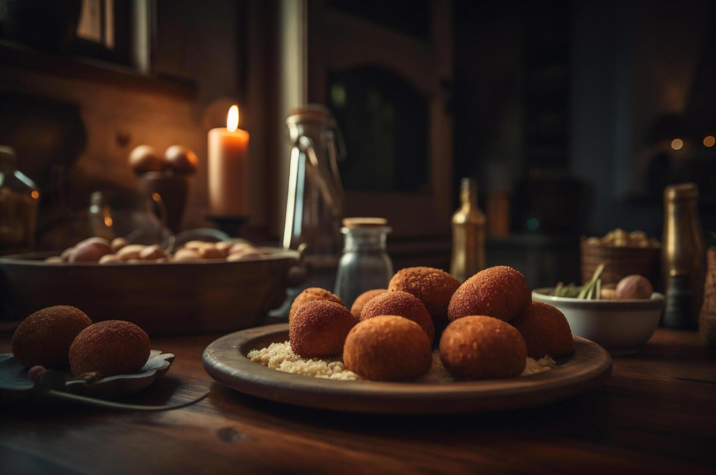 delicioso caseiro Croquetes - bolinhos salgados em de madeira mesa dentro rústico cozinha fundo. ai gerado foto