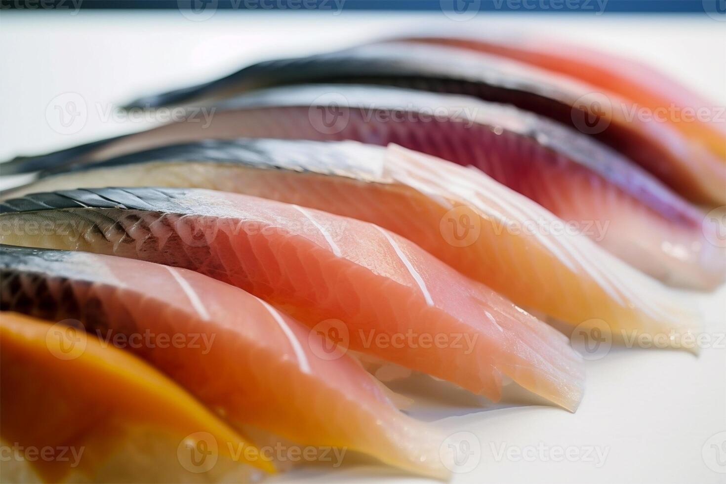 japonês sashimi, cru peixe carne fatiado para dentro peças. generativo ai. foto