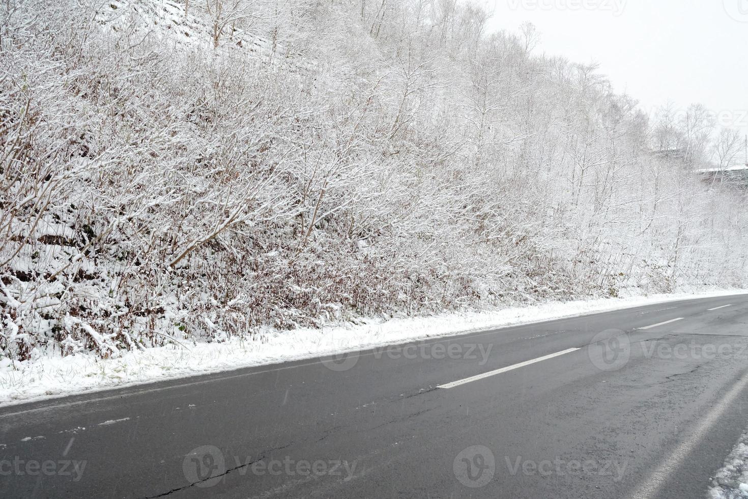 asfalto estrada dentro inverno montanha com neve fundo. foto