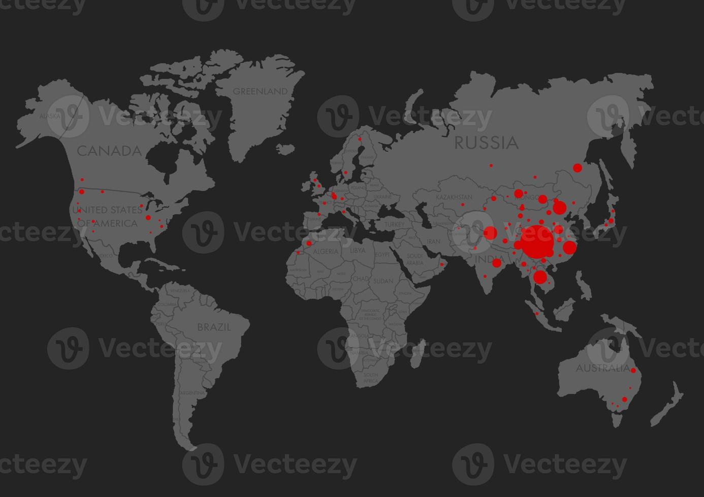 coronavírus às wuhan China. a vermelho mapa do China em mundo mapa com pontos foto
