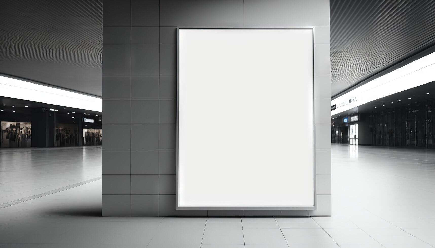 em branco poster Painel publicitário em anexo parede com cópia de espaço para seu texto mensagem dentro moderno compras shopping.generative ai foto