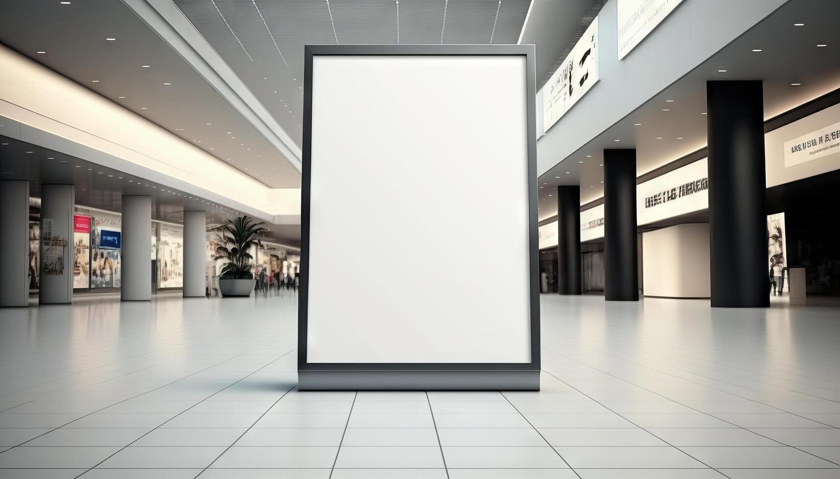 em branco poster Painel publicitário em anexo parede com cópia de espaço para seu texto mensagem dentro moderno compras shopping.generative ai foto