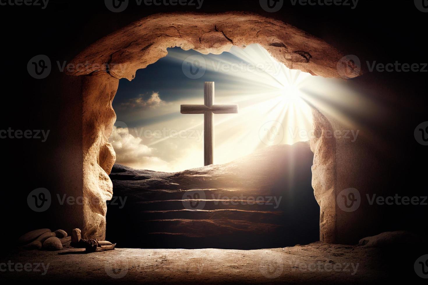 a caverna é aberto e lá estão três cruzes em a colina. a festa do a ressurreição do Jesus Cristo ai foto