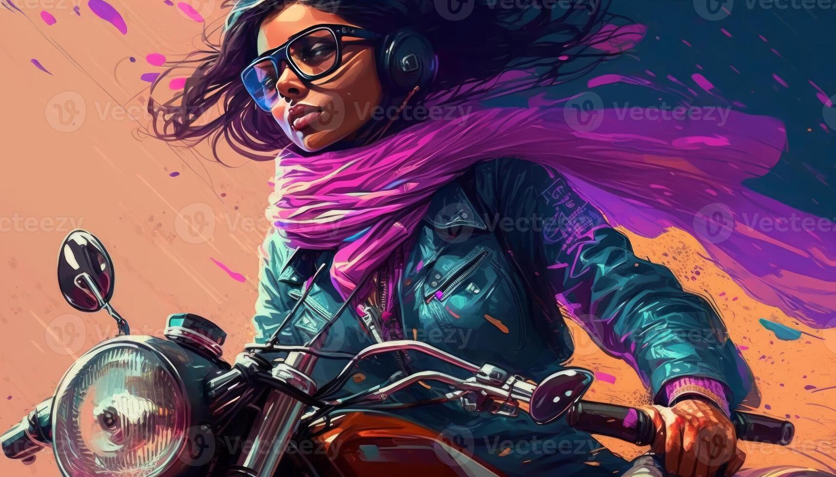 à moda indiano menina equitação uma moto enquanto vestindo óculos generativo ai foto