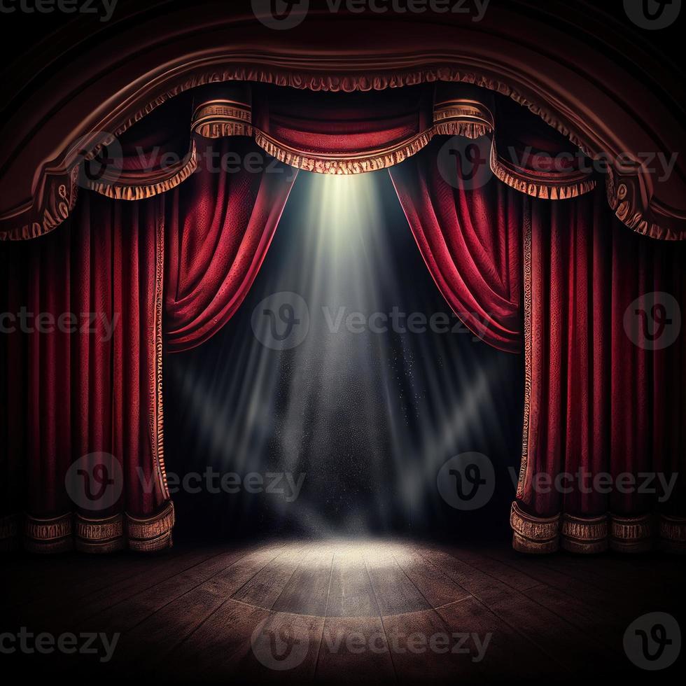 palco de teatro escuro com cortinas vermelhas e holofotes foto