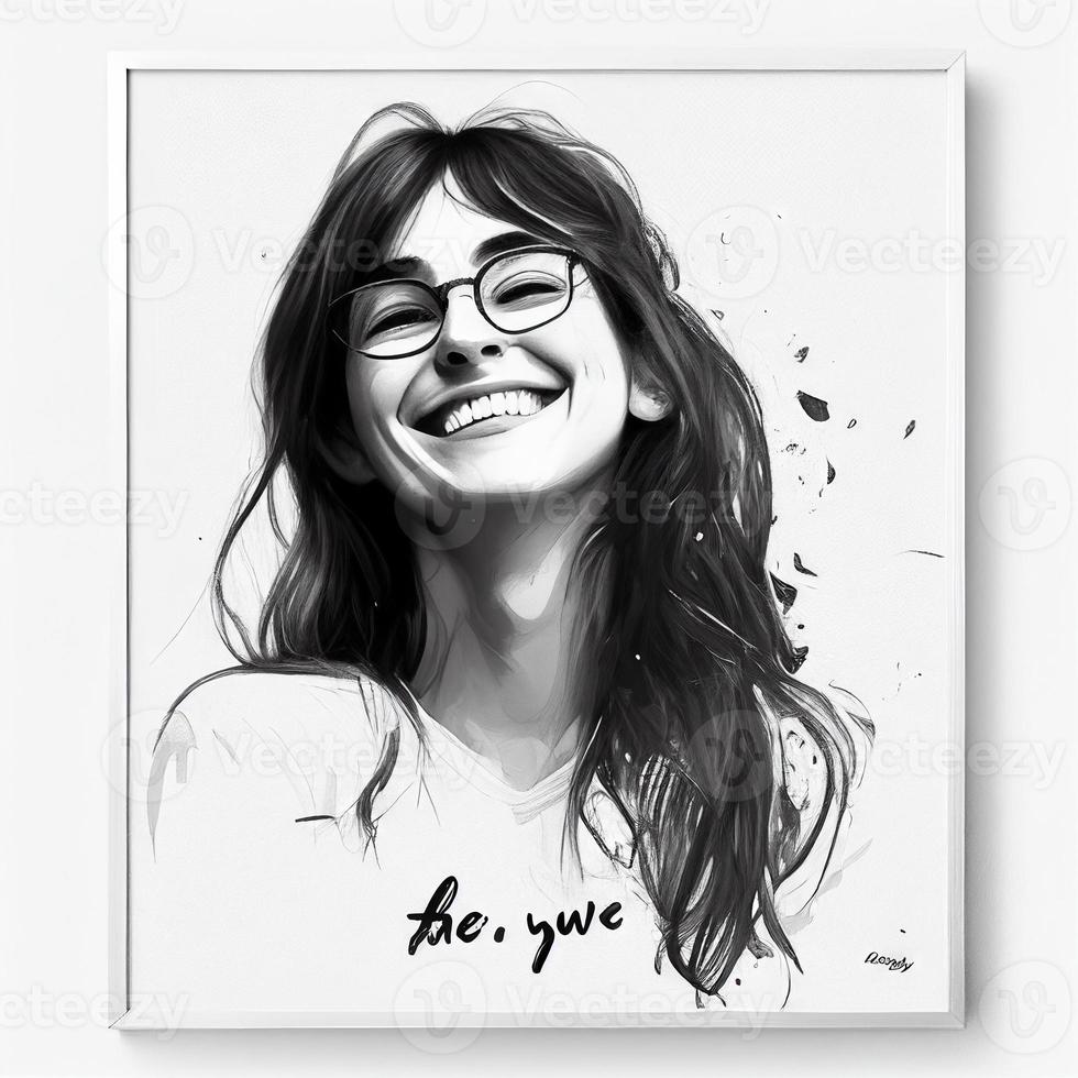 esboço do uma menina feliz menina vestindo óculos Preto e branco imagem foto