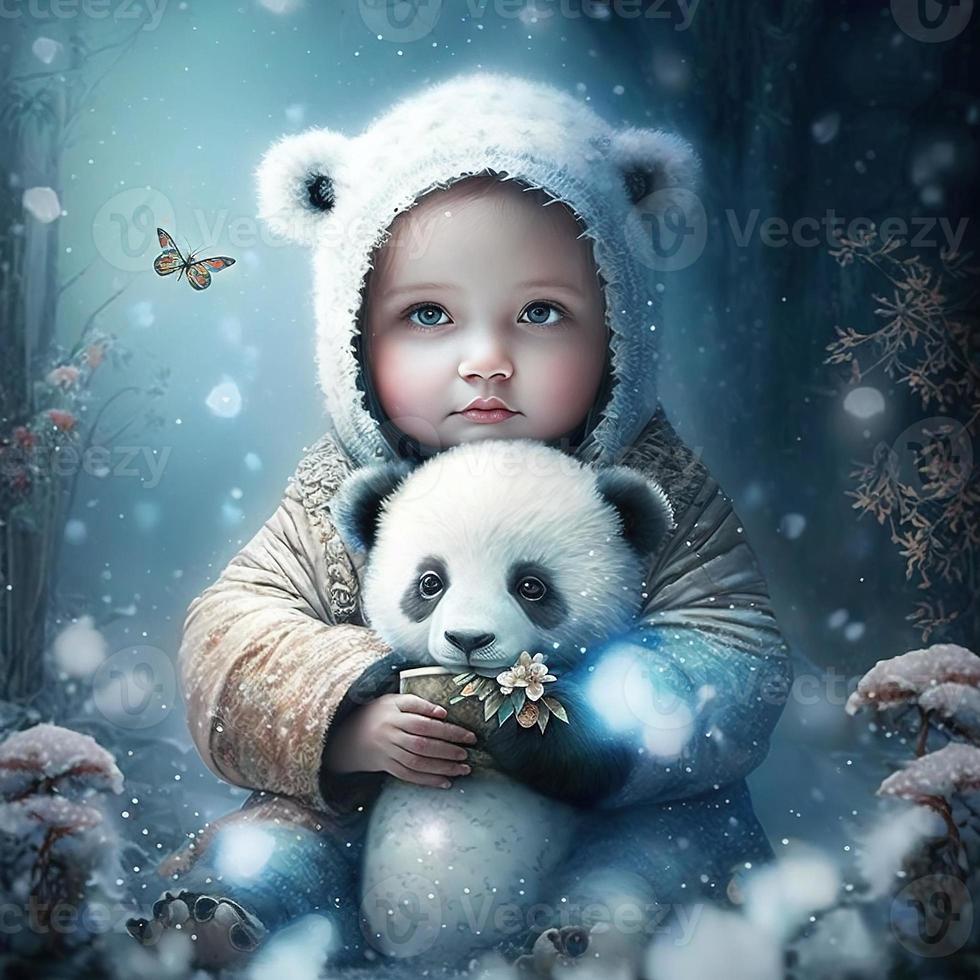 fofa bebê panda com inverno fada fundo foto