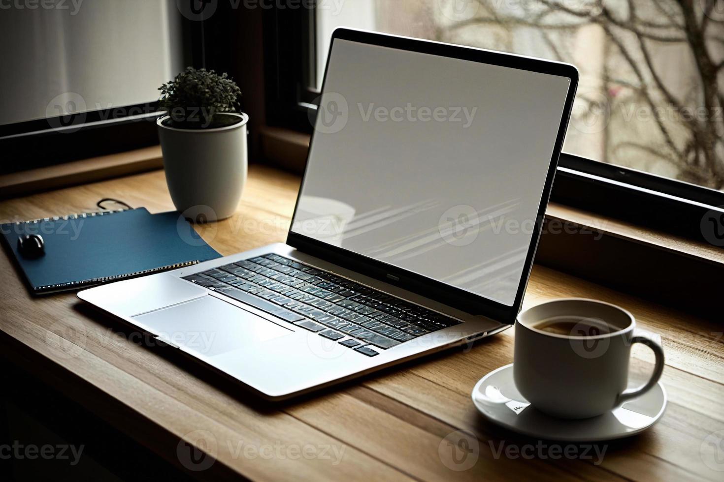 escritório escrivaninha com computador portátil, café e flor. moderno o negócio ambiente de trabalho. casa área de trabalho mesa. ilustração ai foto