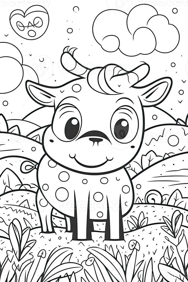 coloração livro página para crianças. vaca isolado em branco fundo. Preto e branco. generativo ai foto