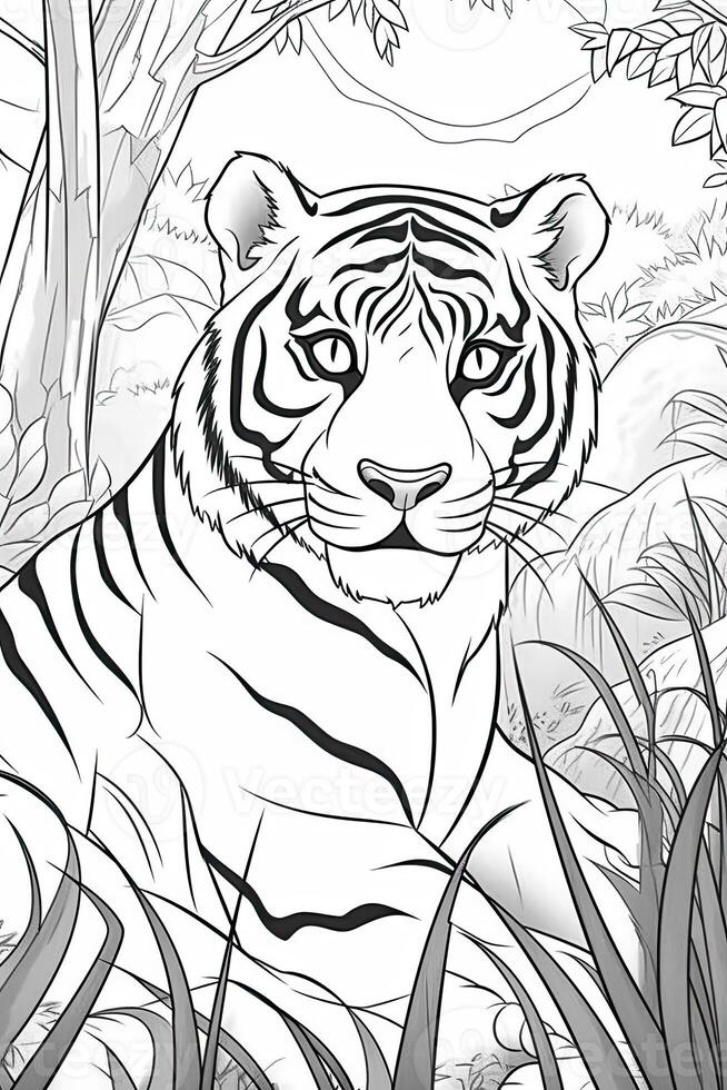 coloração livro página. desenho animado animais para crianças, tigre. generativo ai foto