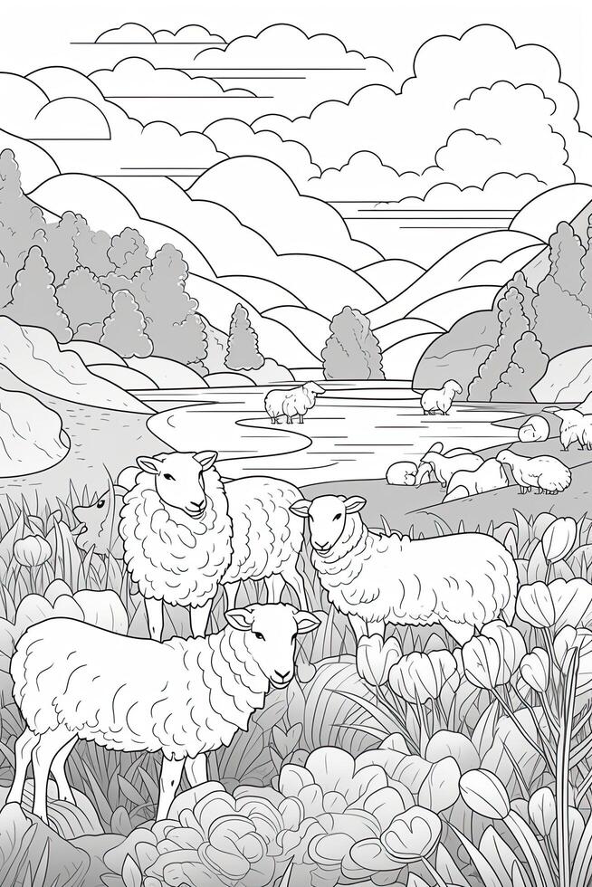 coloração livro página para crianças. ovelha isolado em branco fundo. Preto e branco. generativo ai foto