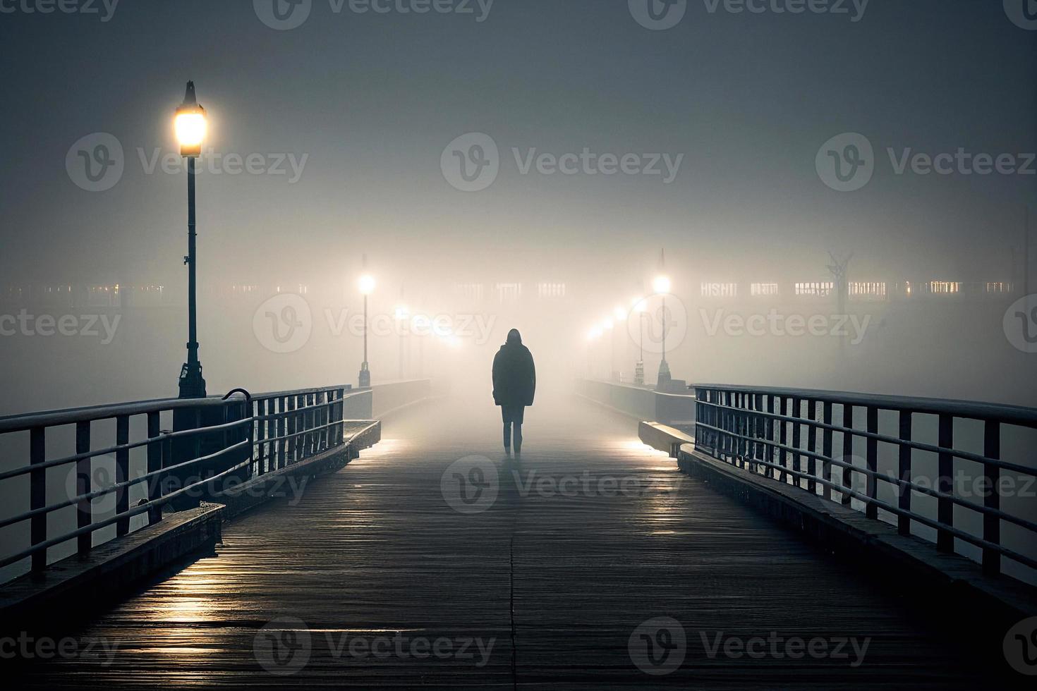 uma frio manhã, uma pessoa vai sobre a ponte, desespero ai foto