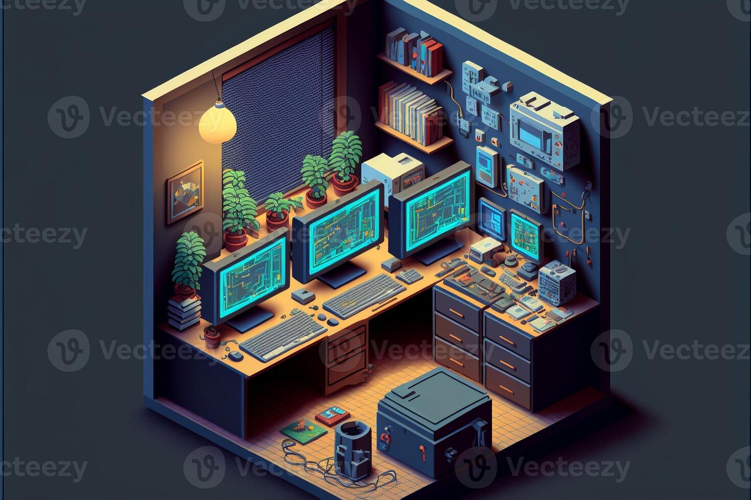 jogador quarto com computadores, isométrico Visão dentro. generativo ai foto