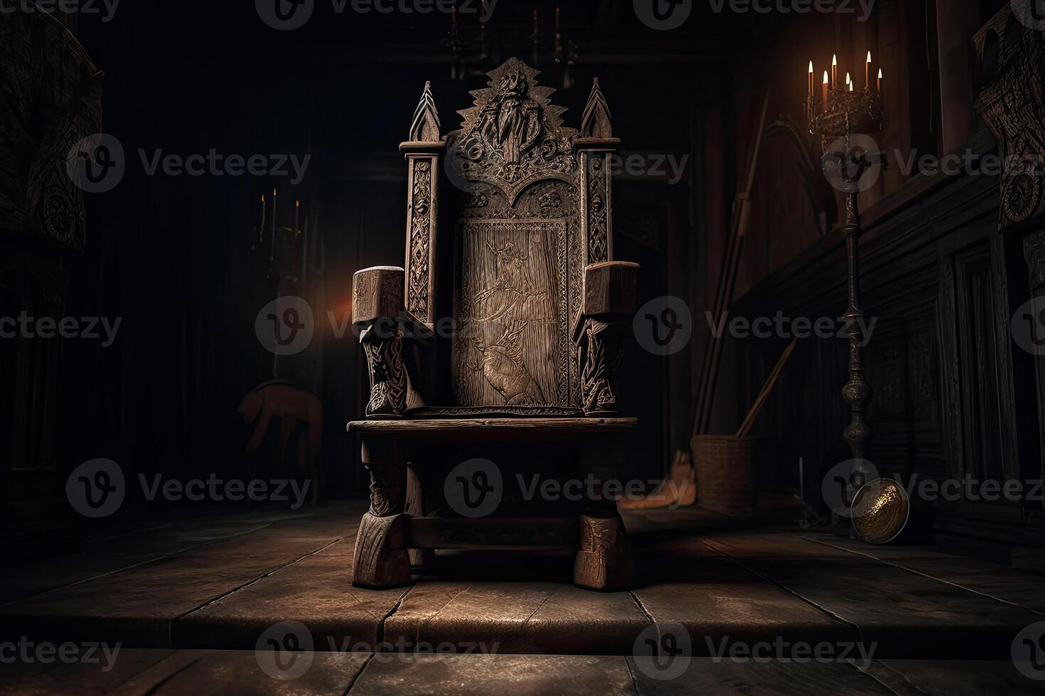 esvaziar real trono dentro Sombrio castelo corredor. fantasia medieval trono para rei. criada com generativo ai foto