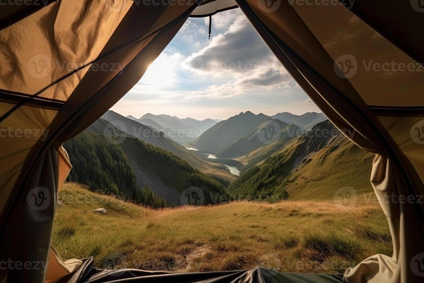 surpreendente Visão a partir de dentro barraca para montanha panorama. acampamento durante caminhar dentro montanhas. generativo ai foto