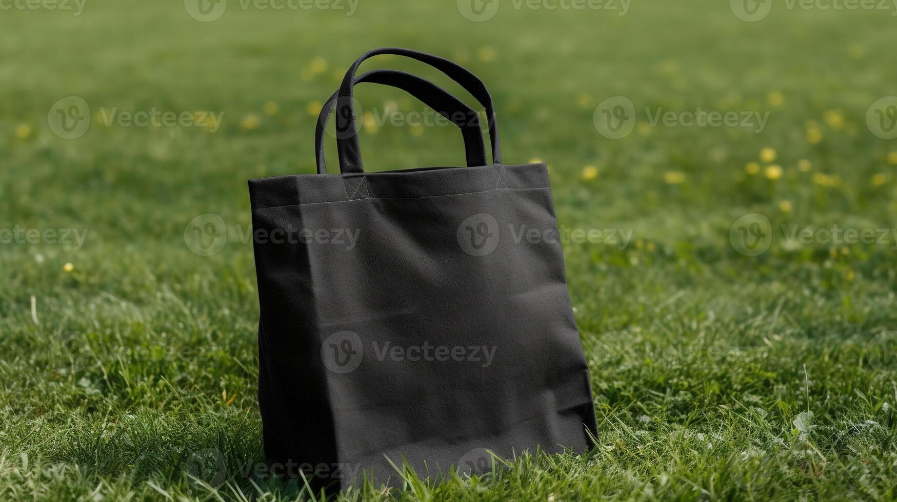 generativo ai, realista Preto carregar tela de pintura tecido saco configurar em a verde grama, comprador zombar acima em branco. foto
