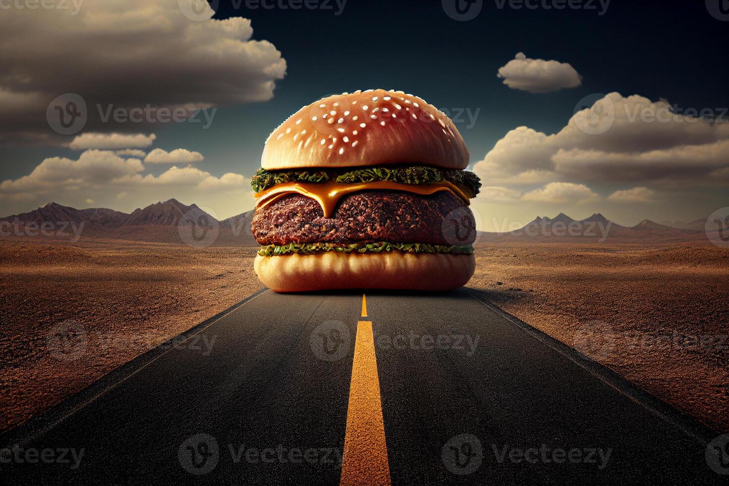 Hamburger com lambreta em a estrada. 3d Renderização generativo ai foto