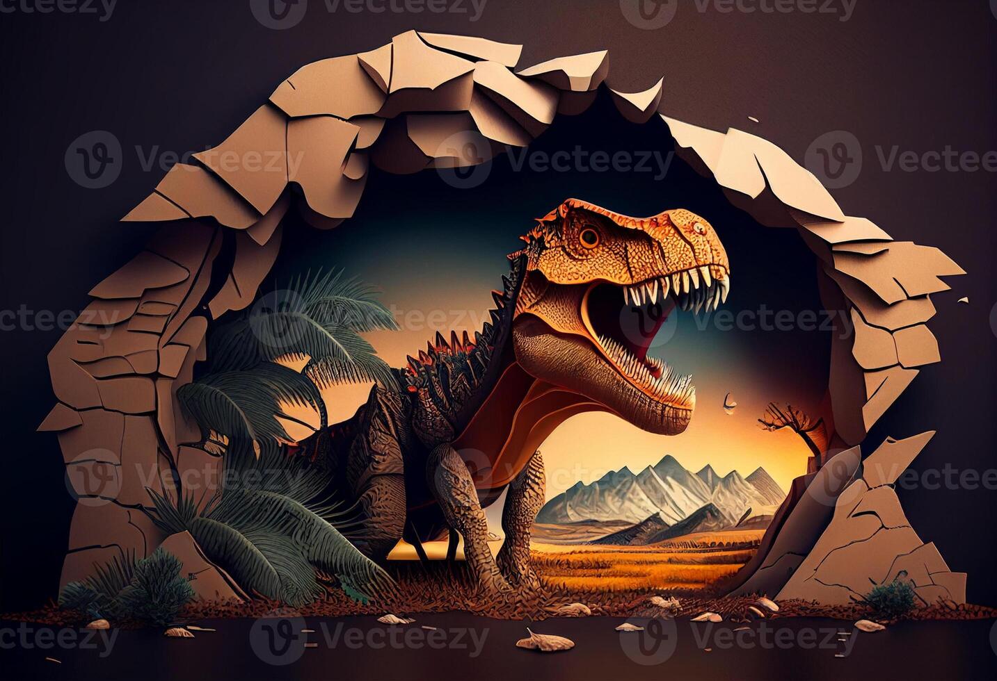 tiranossauro rex dentro a caverna. 3d ilustração. generativo ai foto