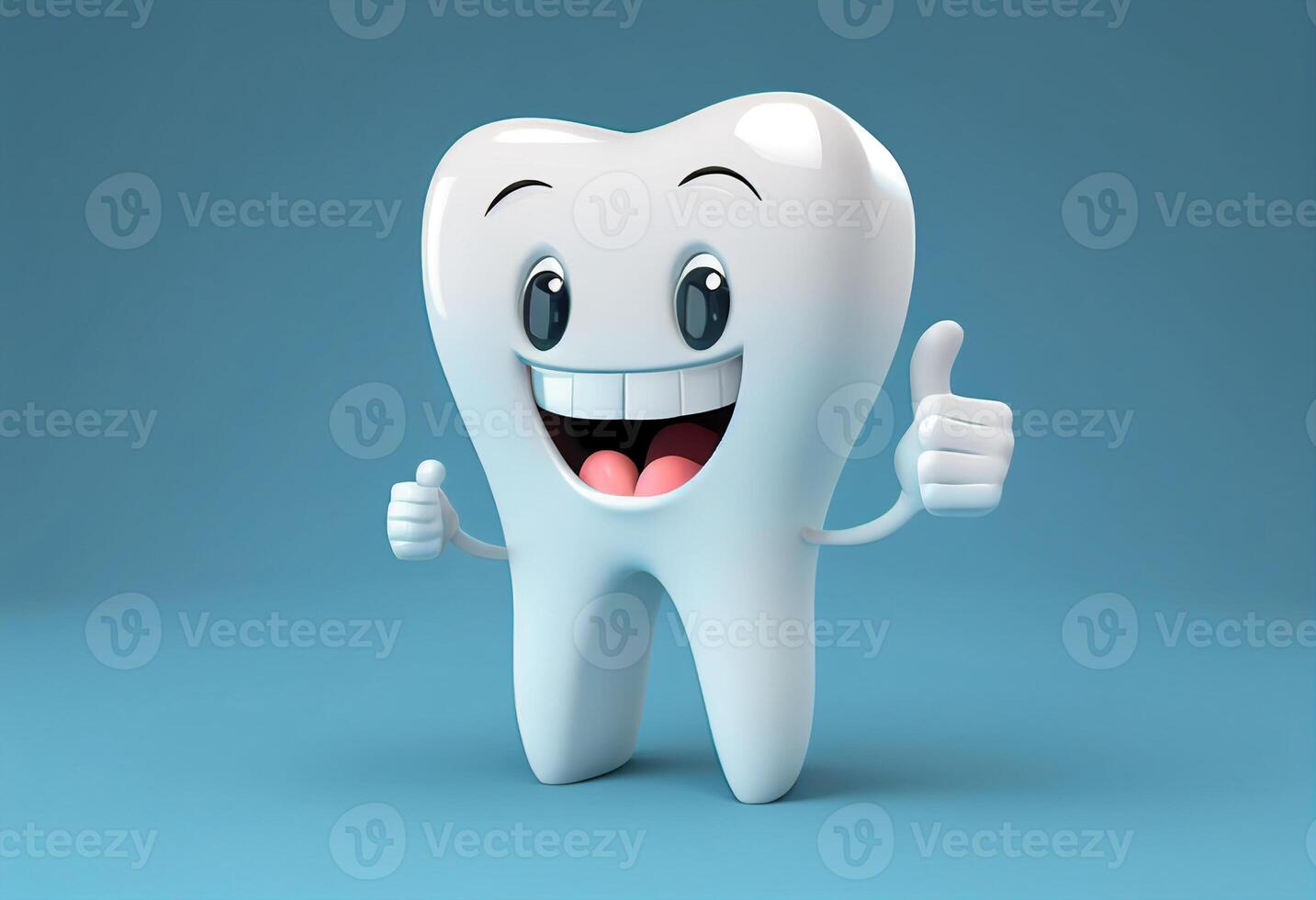 dente personagem com polegares acima gesto em Castanho fundo. 3d ilustração generativo ai foto