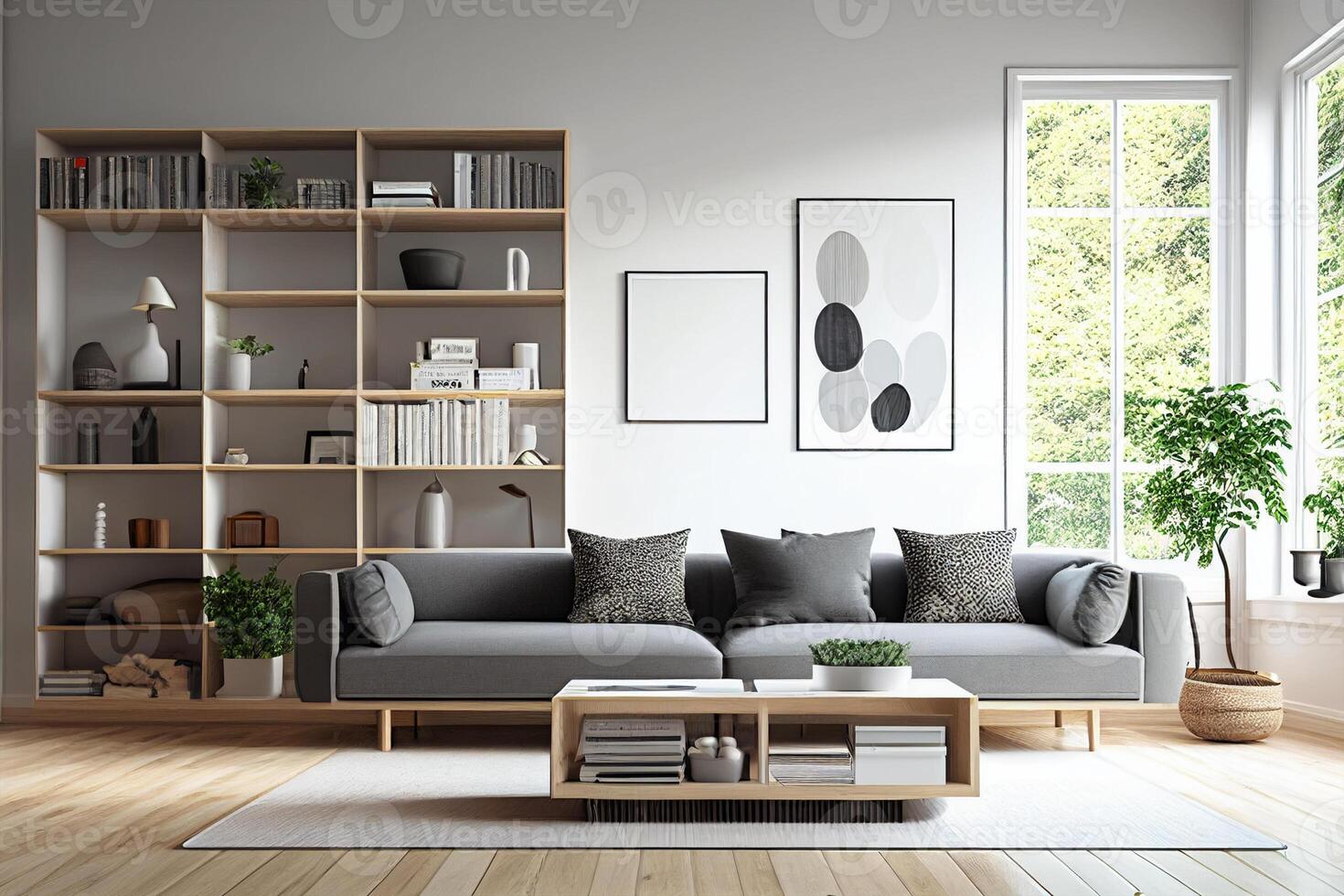interior do moderno vivo quarto com branco paredes, de madeira chão, confortável cinzento sofá e estante. 3d Renderização generativo ai foto