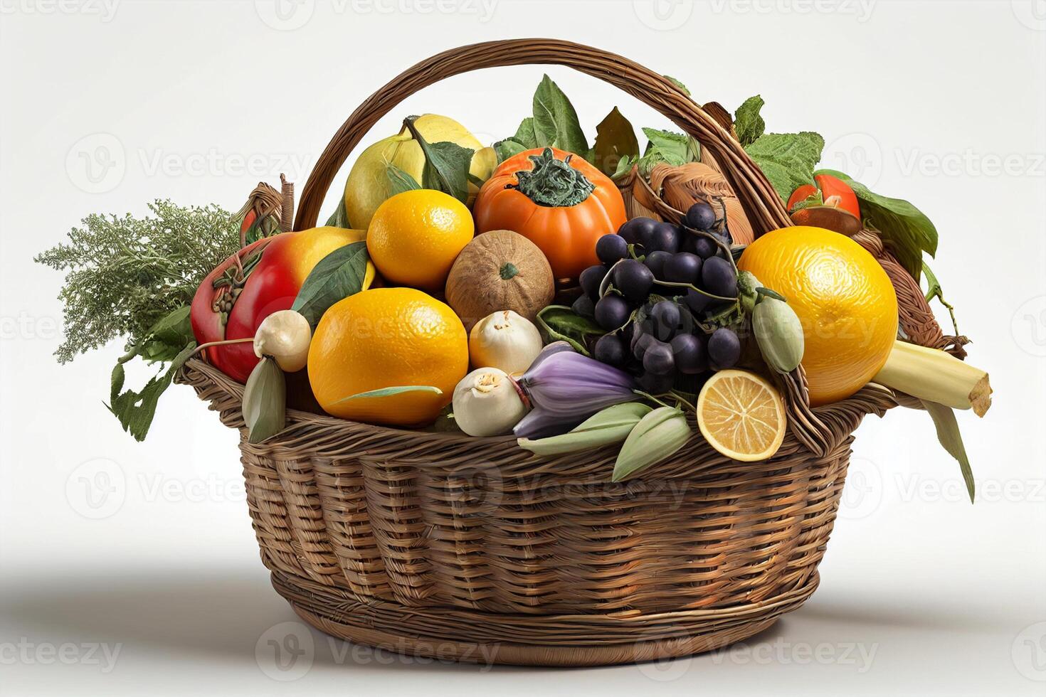frutas e legumes dentro uma vime cesta em uma branco fundo generativo ai foto
