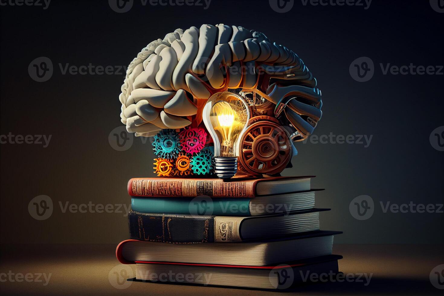 Educação conceito. pilha do livros com cérebro e engrenagens. 3d ilustração generativo ai foto