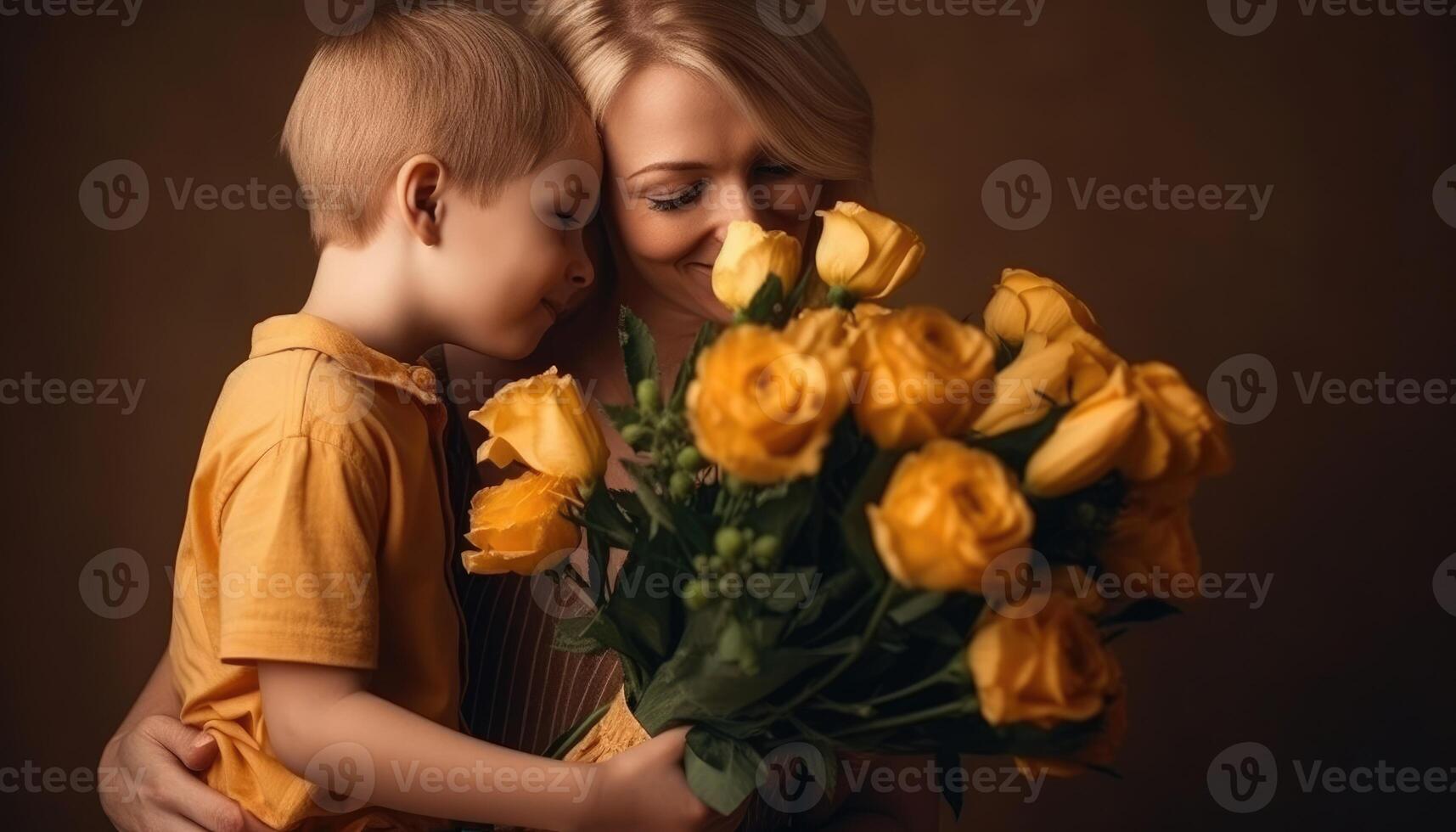 pequeno Garoto segurando flores, abraçando dele mãe e a comemorar mãe dia. generativo ai foto