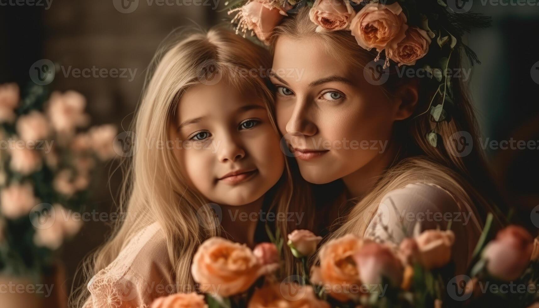 pequeno menina segurando flores, abraçando dela mãe e a comemorar mãe dia. generativo ai foto