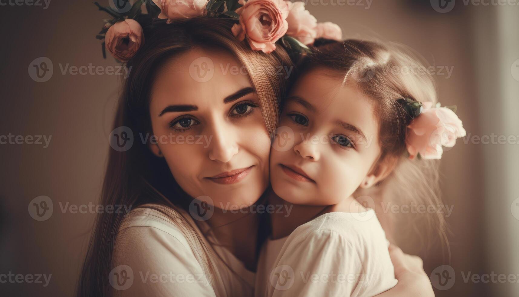 pequeno menina segurando flores, abraçando dela mãe e a comemorar mãe dia. generativo ai foto