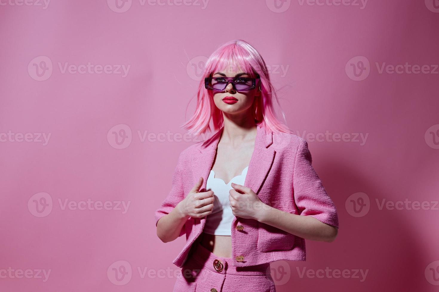 beleza moda mulher brilhante Maquiagem Rosa cabelo glamour à moda óculos inalterado foto