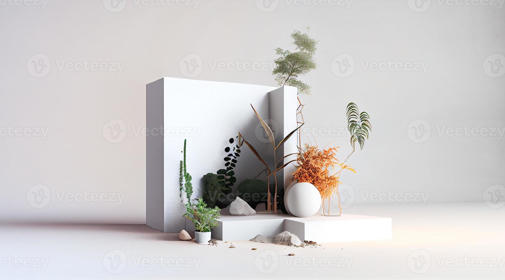 uma interior estúdio pódio com meio Ambiente conceito branco pedestal este é decorado com espelho, folhas e pedra.mínimo abstrato fundo. 3d isolado. generativo ai foto