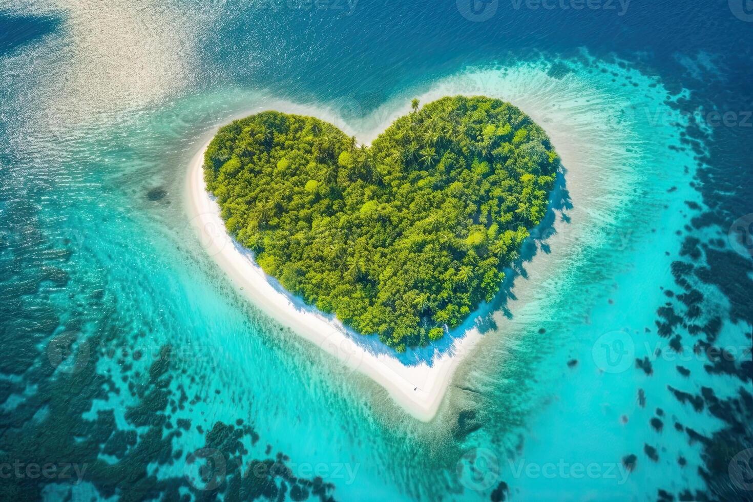 tropical ilha dentro a forma do uma coração, generativo ai foto
