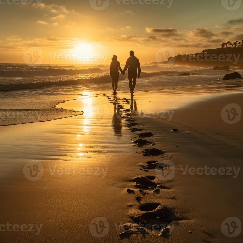 romântico pôr do sol de praia cena, casal caminhando de mãos dadas - generativo ai foto
