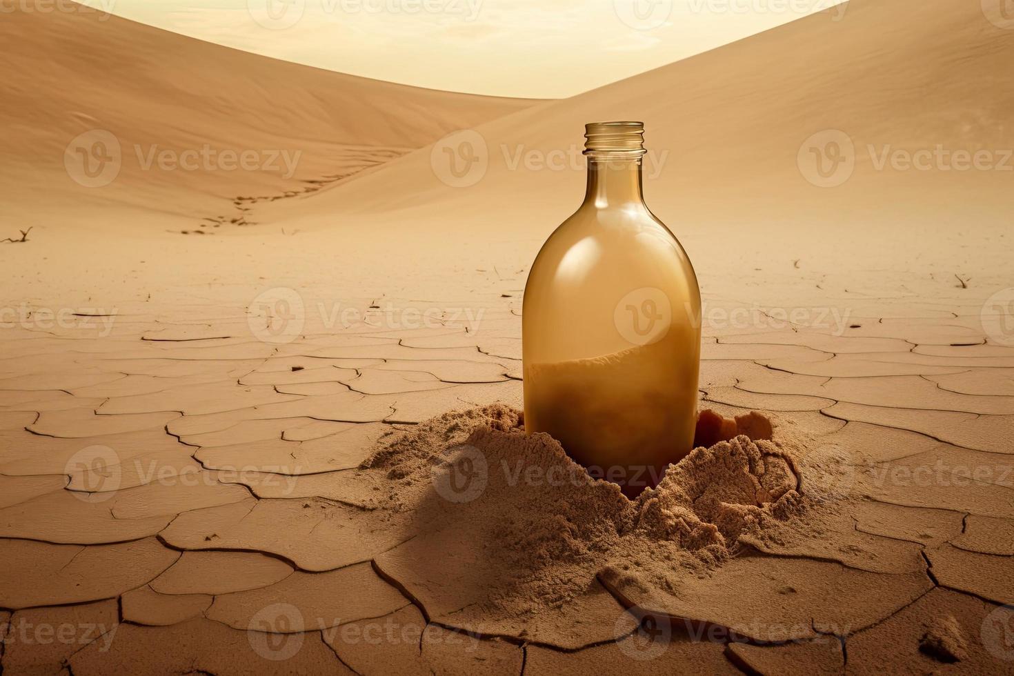 rachado terra e água garrafa. fundo do deserto panorama. foto