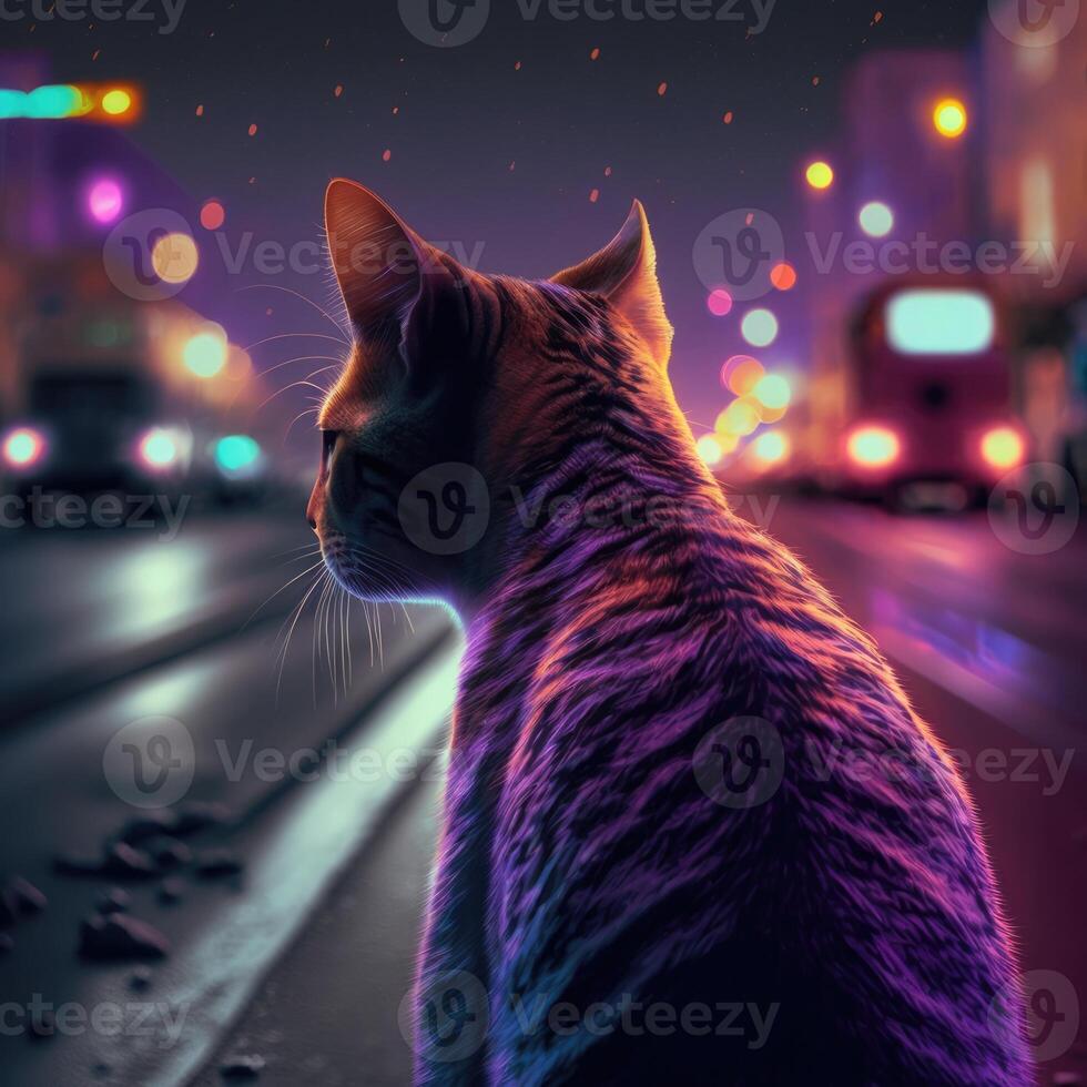 uma gato dentro a meio do a estrada olhando às a carros - generativo ai foto