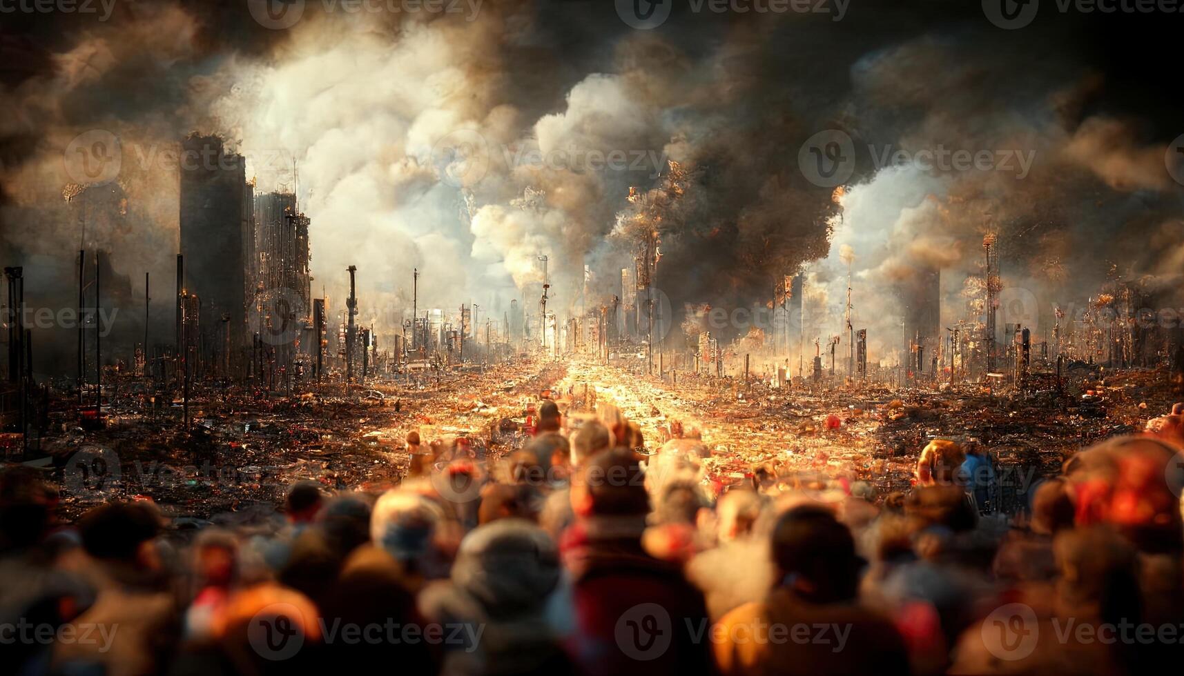 ilustração do queimando cidade e a fim do humanidade foto