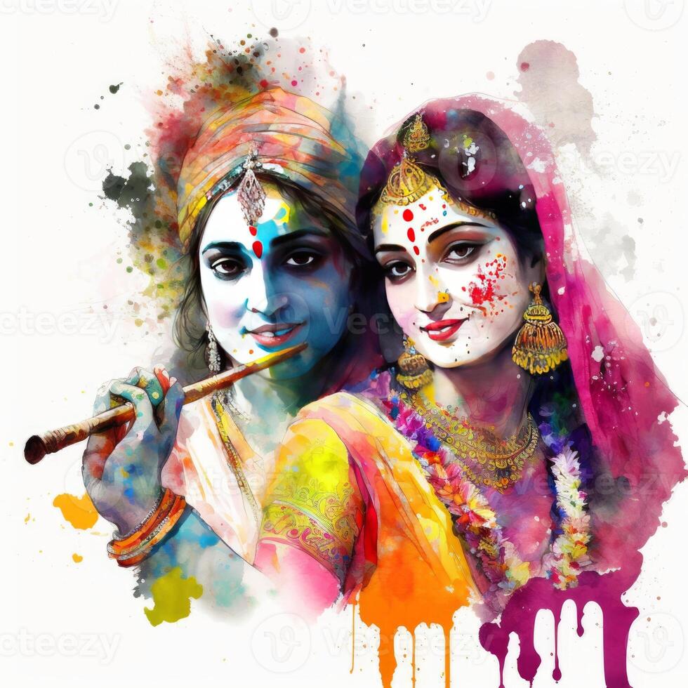 Krishna Radha holi colorida branco fundo pintura generativo ai foto