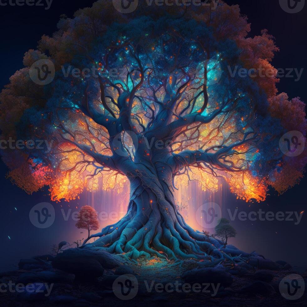 lindo imagem do gigante colorida árvore hd surreal conduziu luzes generativo ai foto