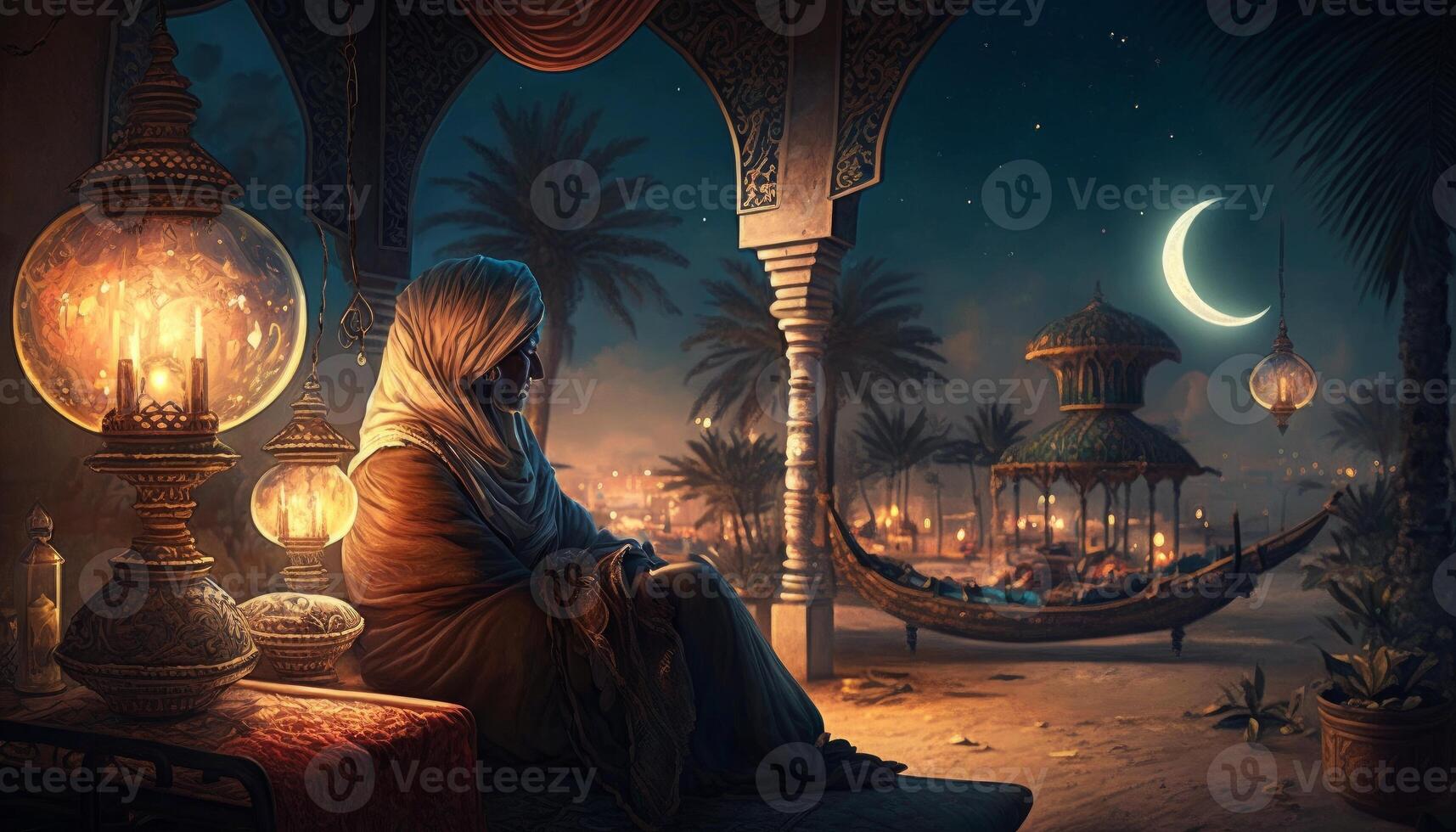 imagem do árabe noites com trimestre do lua e luzes generativo ai foto