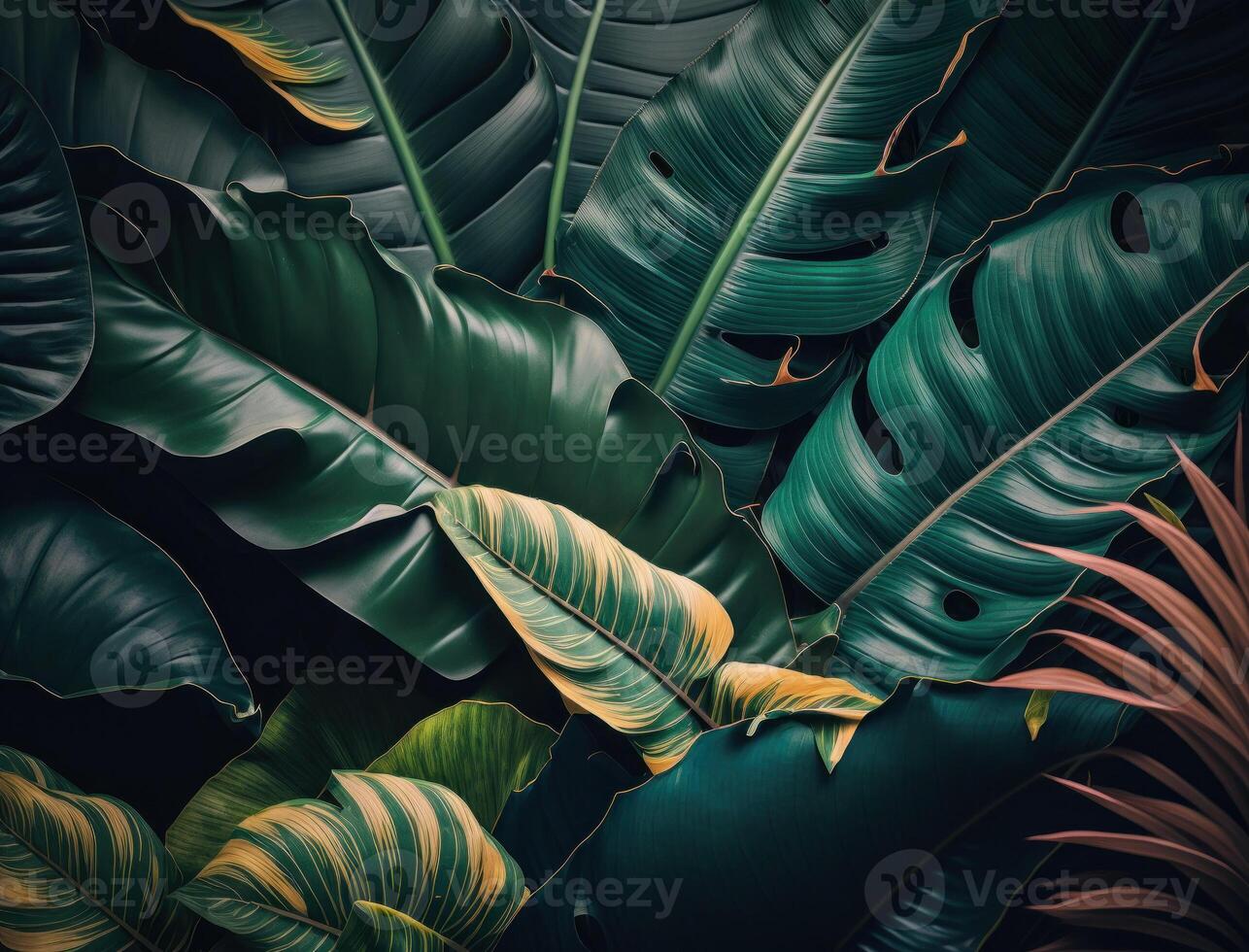 abstrato verde tropical banana e monstera folhas fundo criada com generativo ai tecnologia foto