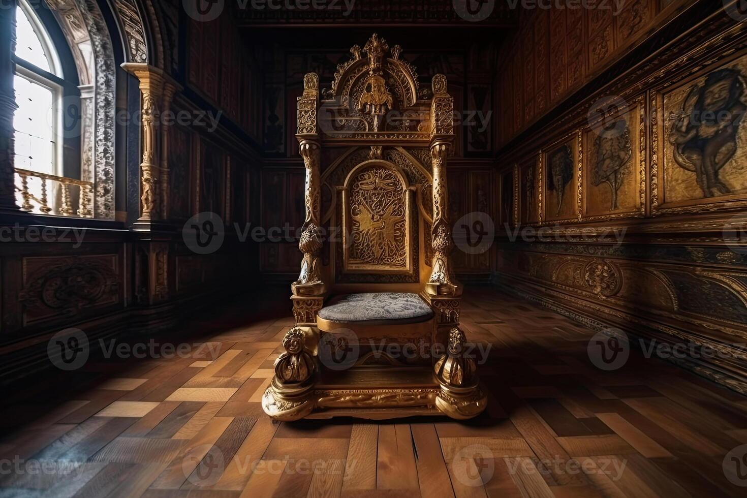 esvaziar real trono dentro Sombrio castelo corredor. fantasia medieval trono para rei. criada com generativo ai foto