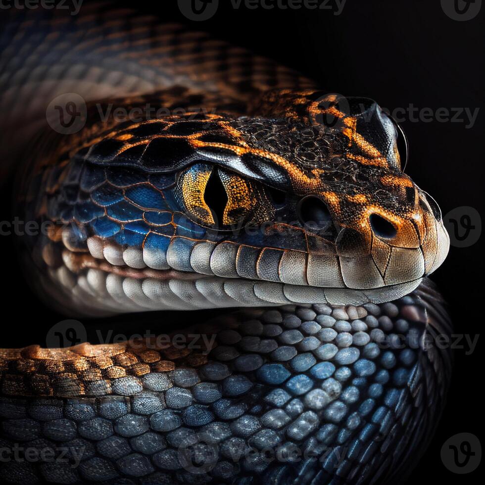 perigoso serpente face em Preto fundo generativo ai foto